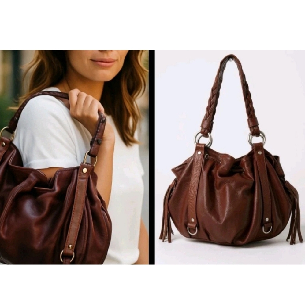Jacqueline Jarrot Brown Leather Hobo Tassels Fringe Shoulder Bag Boho Hippi